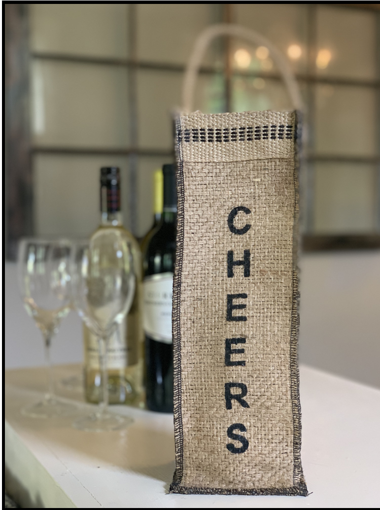 Custom Cheers wine tote made from coffee sack material