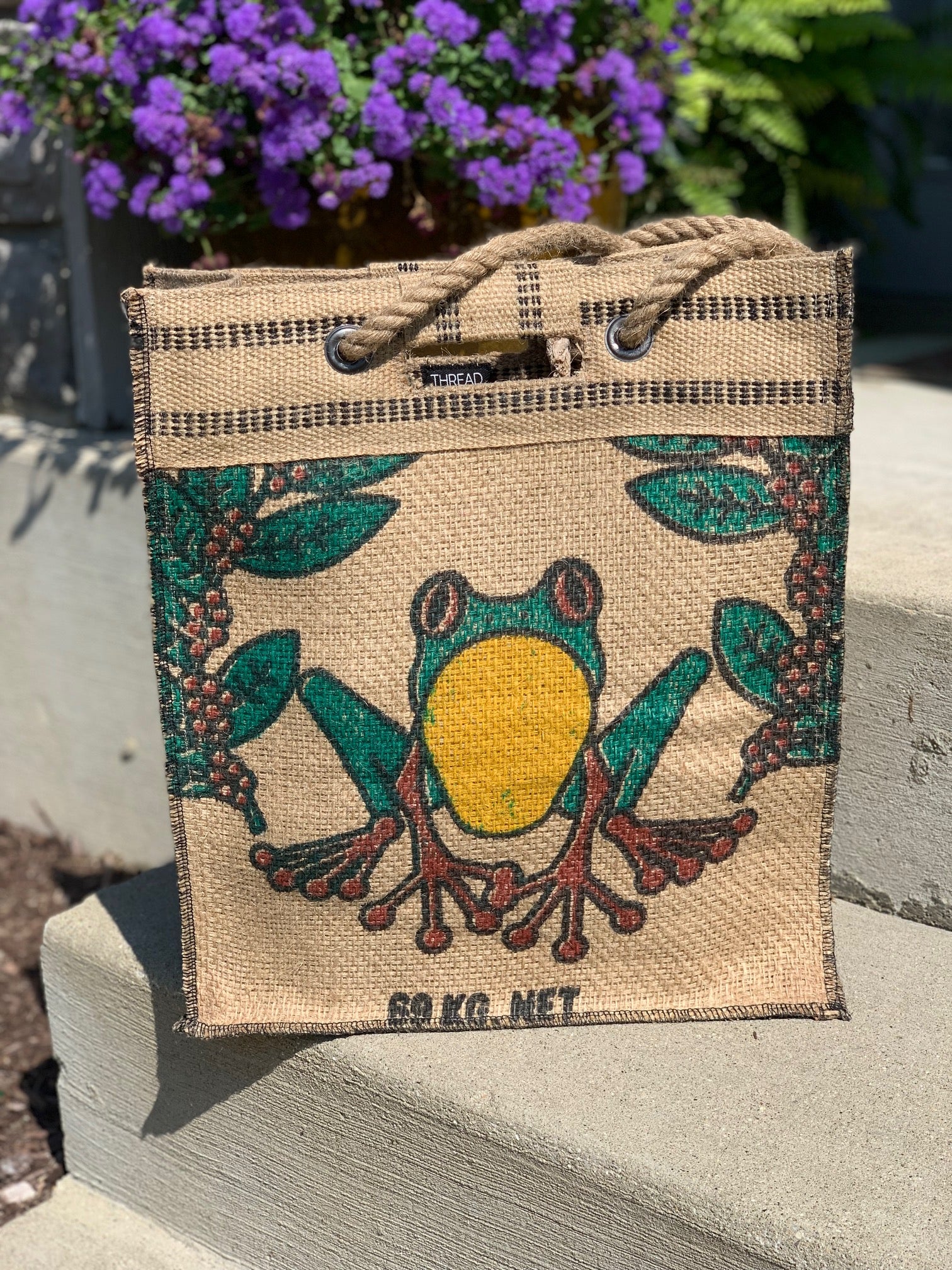 Custom coffee sack tote with a painted frog design