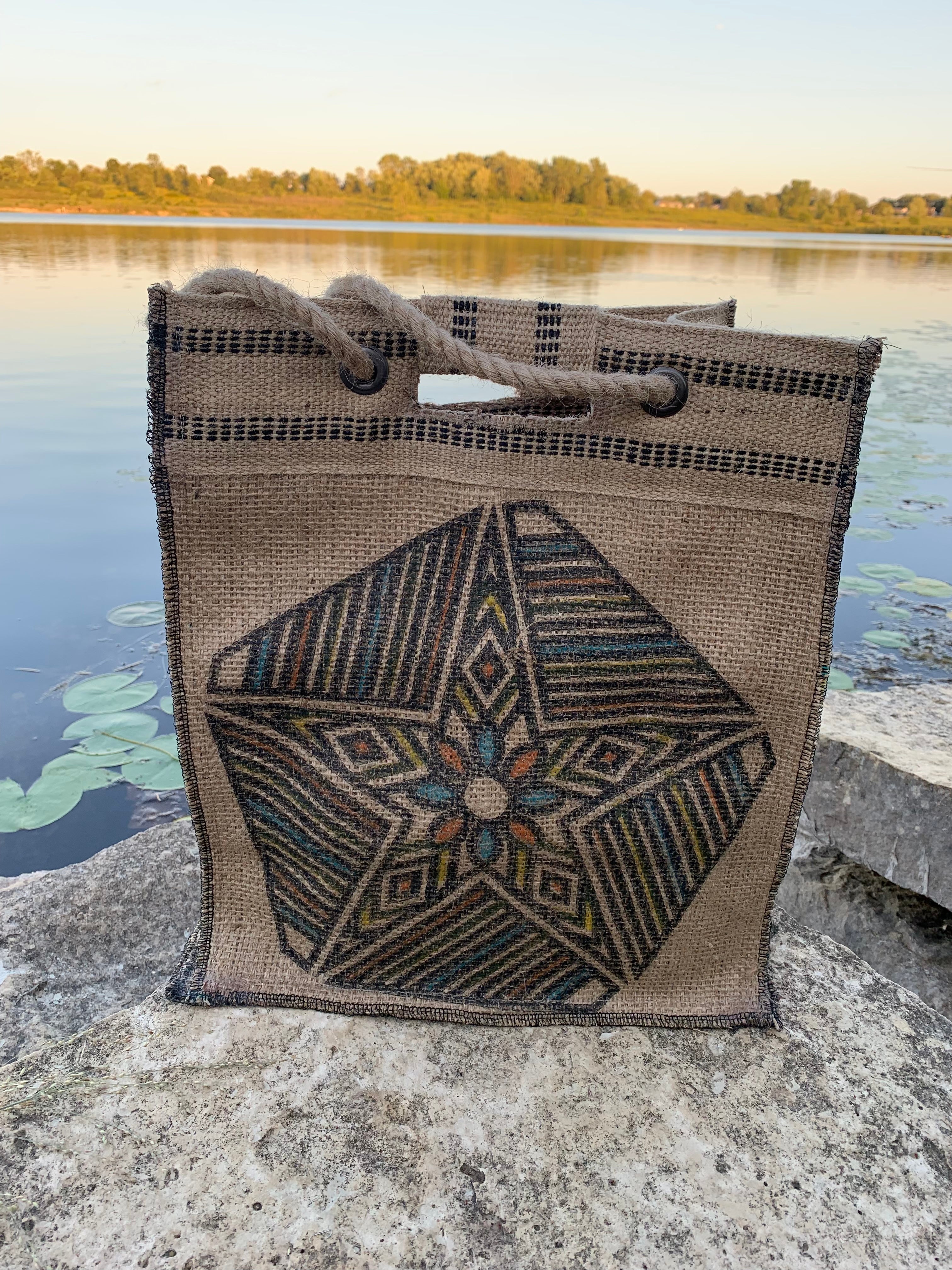 Custom coffee sack piece photographed outdoors