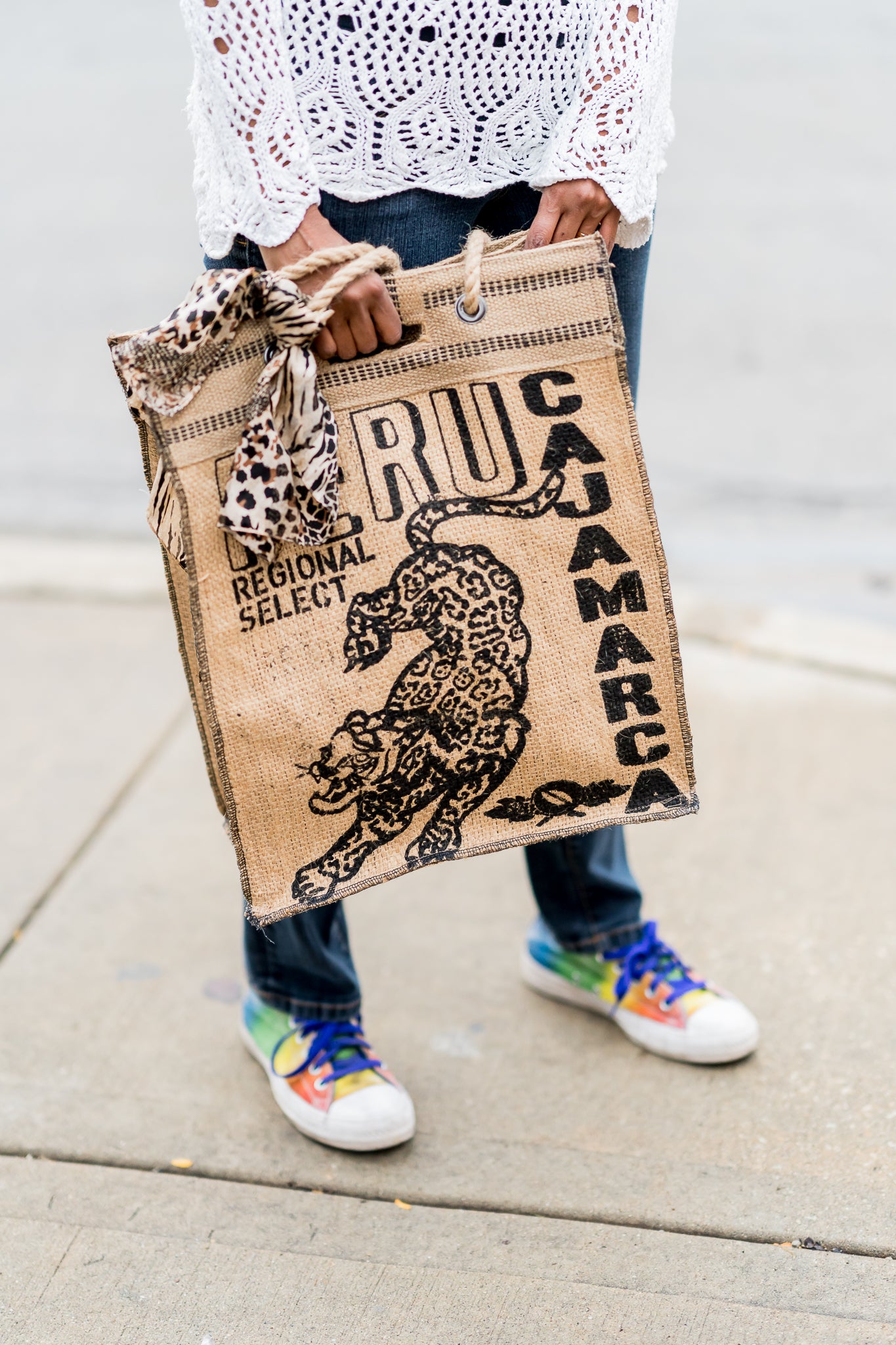 Custom tiger coffee sack tote held by hand